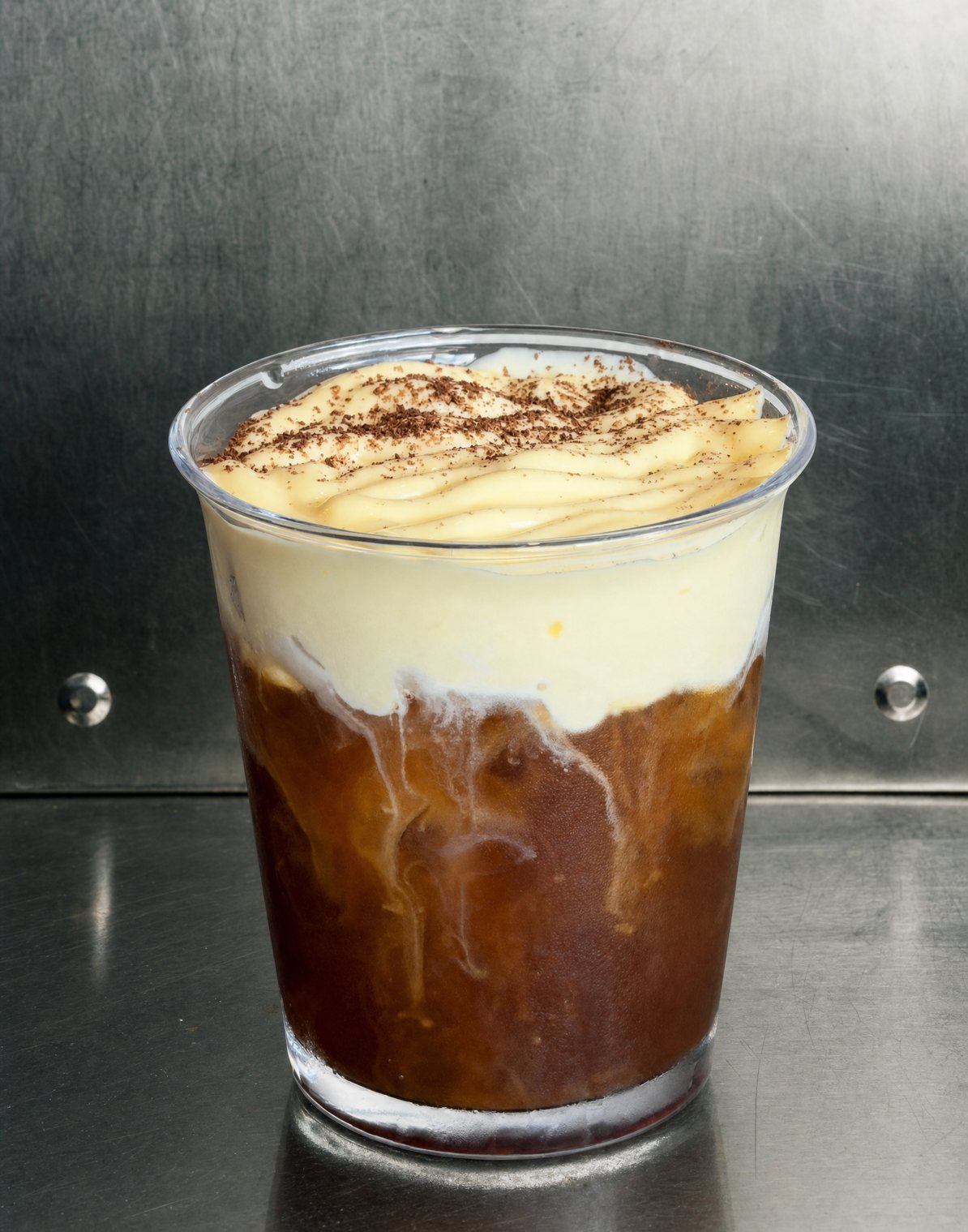 Cà phê trứng Vietnamese egg coffee — strong Vietnamese coffee under a whipped egg-cream top dusted with chocolate