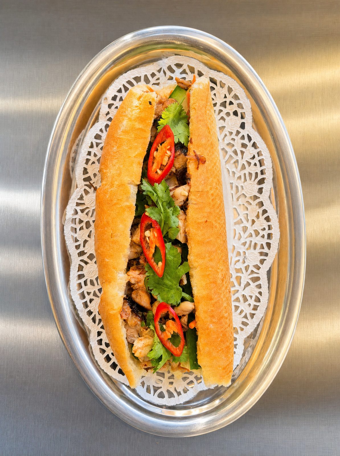 BBQ chicken bánh mì Vietnamese baguette